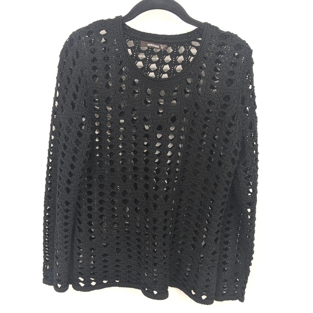 Kerisma Open Knit‎ Sweater Womens Large Black Crochet Crew Neck Whimsygoth Y2K